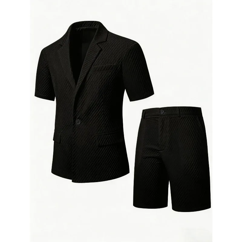 KIDWHXR Men Suit Set Summer British Style Solid Color Short Sleeve Male Outfit Slim Breathable Business Wedding Man 2-piece Suit