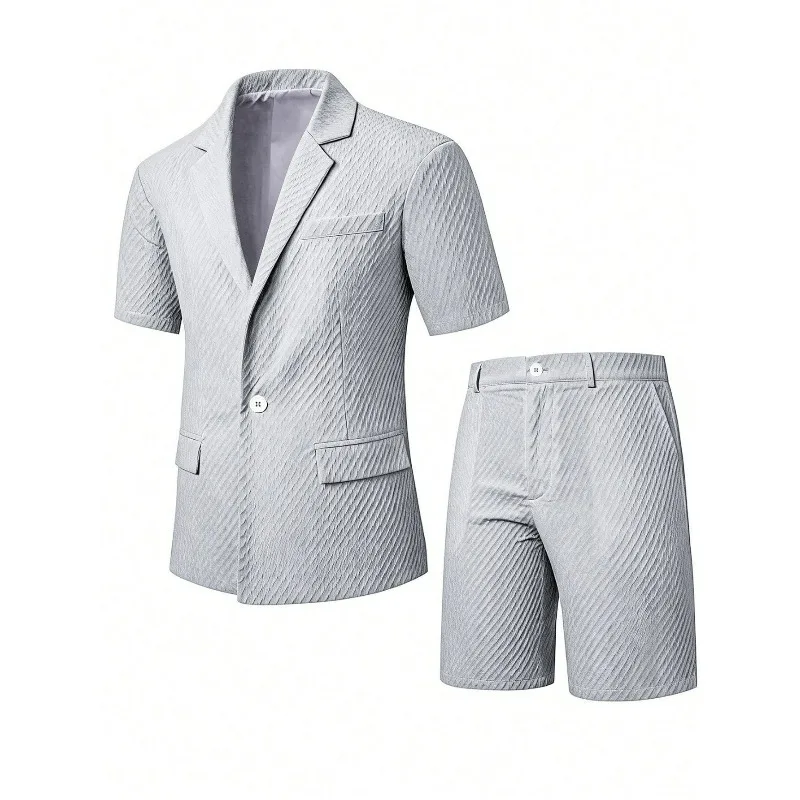 KIDWHXR Men Suit Set Summer British Style Solid Color Short Sleeve Male Outfit Slim Breathable Business Wedding Man 2-piece Suit