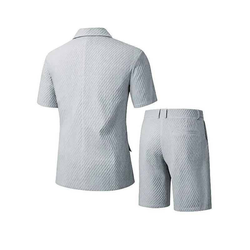 KIDWHXR Men Suit Set Summer British Style Solid Color Short Sleeve Male Outfit Slim Breathable Business Wedding Man 2-piece Suit