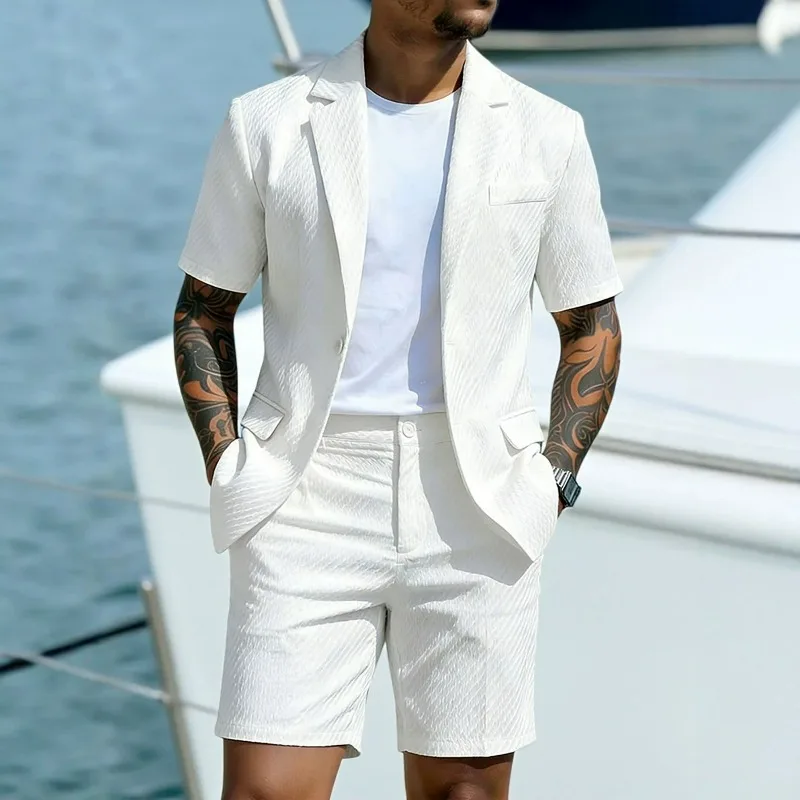 KIDWHXR Men Suit Set Summer British Style Solid Color Short Sleeve Male Outfit Slim Breathable Business Wedding Man 2-piece Suit