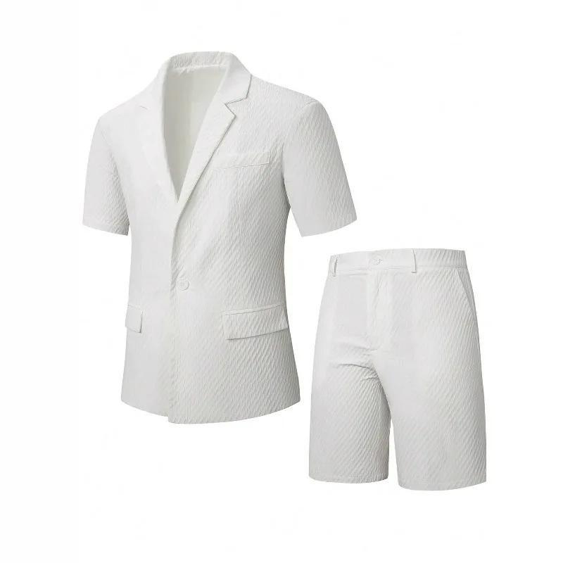 KIDWHXR Men Suit Set Summer British Style Solid Color Short Sleeve Male Outfit Slim Breathable Business Wedding Man 2-piece Suit