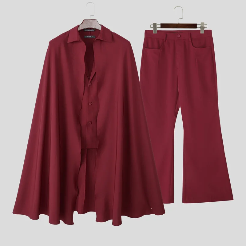 INCERUN Men Sets Solid Color Lapel Long Sleeve Long Style Cloak Blazer & Pants 2PCS Streetwear Loose Fashion Men's Casual Suits
