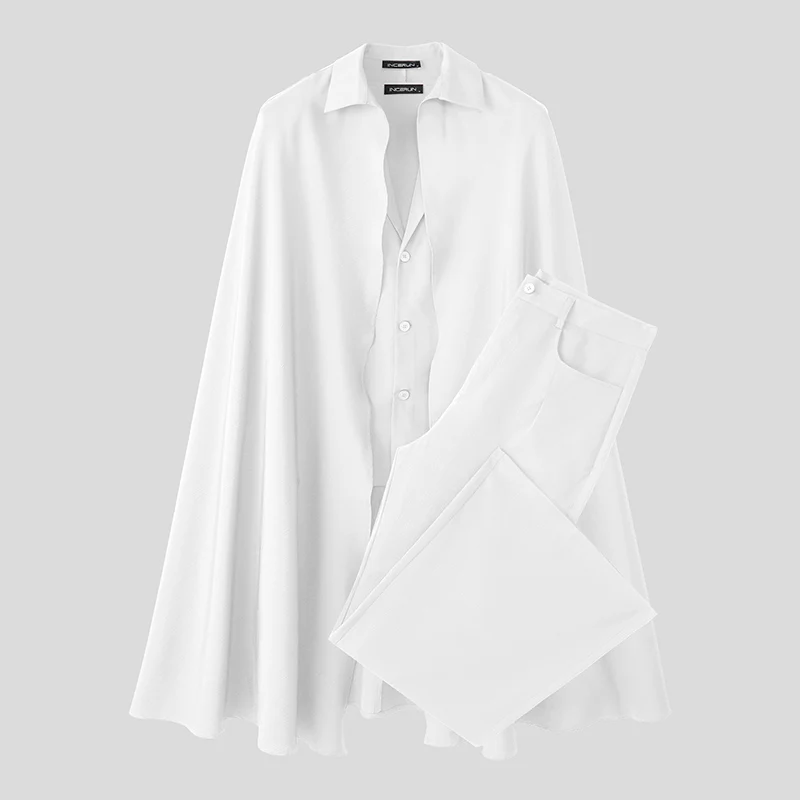 INCERUN Men Sets Solid Color Lapel Long Sleeve Long Style Cloak Blazer & Pants 2PCS Streetwear Loose Fashion Men's Casual Suits