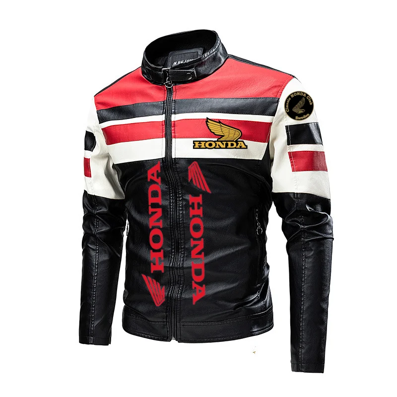 Honda colour-blocked stand-collar PU leather biker jacket, thin casual leather jacket for men, spring and autumn, eBay