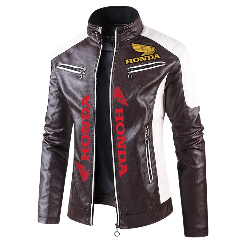 Honda colour-blocked stand-collar PU leather biker jacket, thin casual leather jacket for men, spring and autumn, eBay