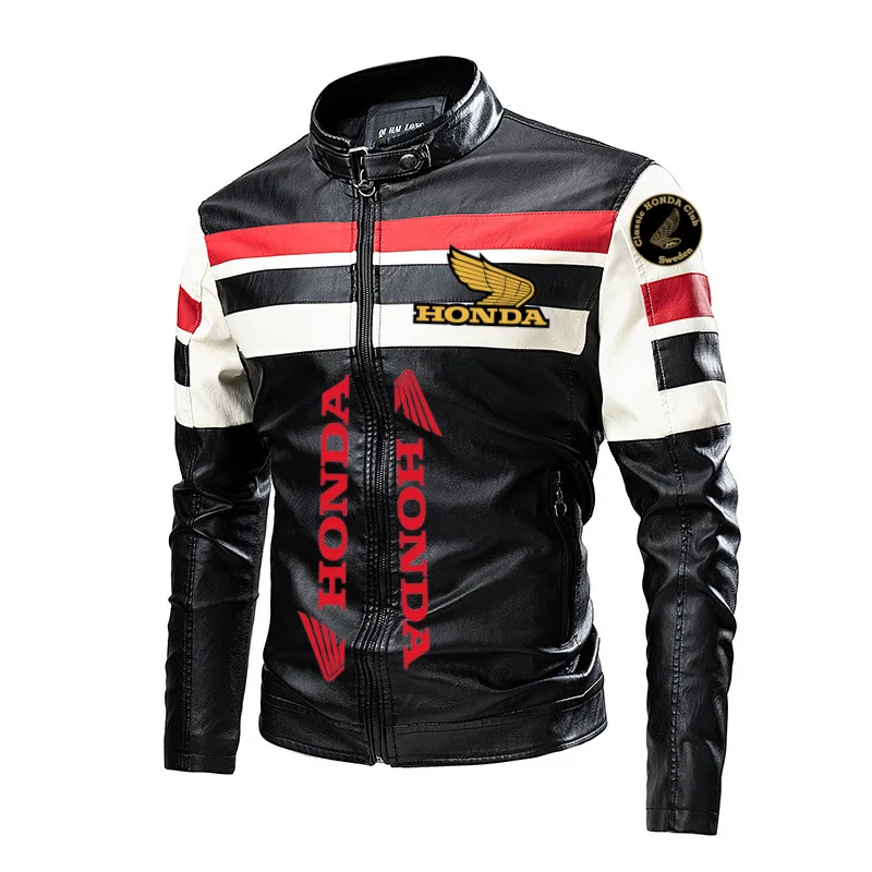 Honda colour-blocked stand-collar PU leather biker jacket, thin casual leather jacket for men, spring and autumn, eBay