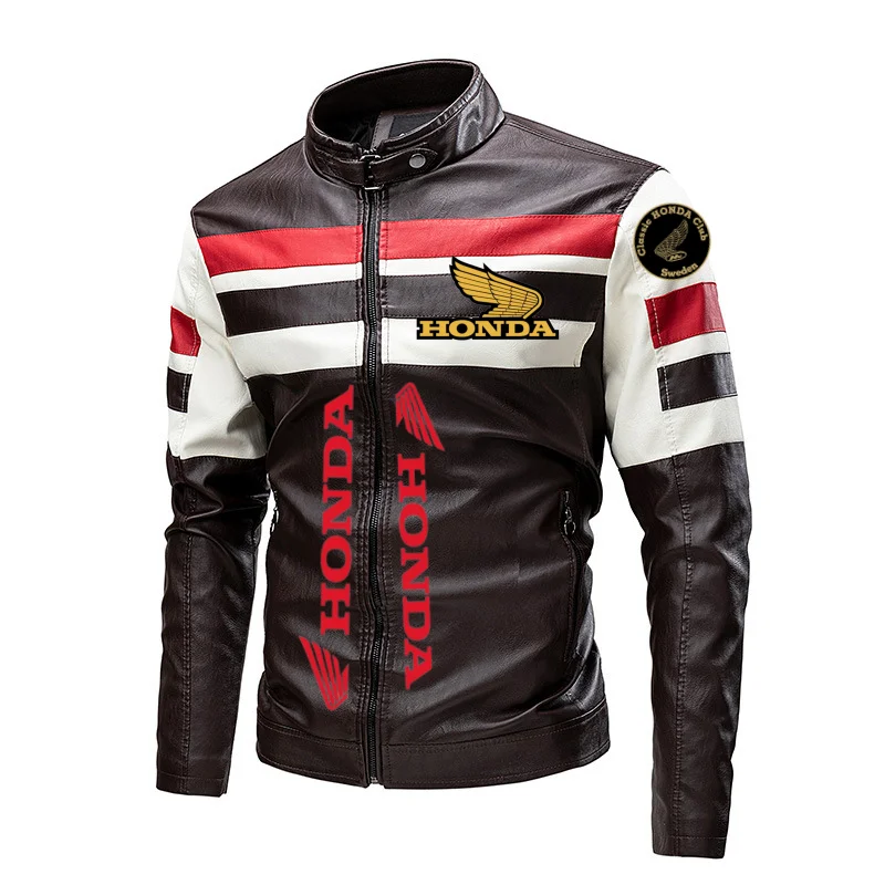 Honda colour-blocked stand-collar PU leather biker jacket, thin casual leather jacket for men, spring and autumn, eBay