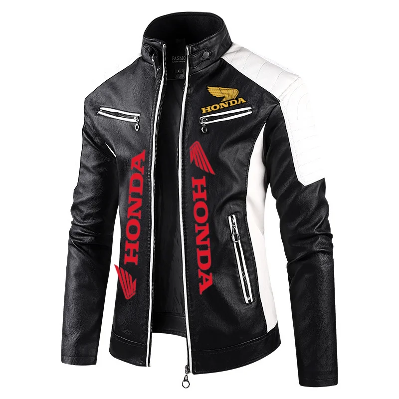 Honda colour-blocked stand-collar PU leather biker jacket, thin casual leather jacket for men, spring and autumn, eBay