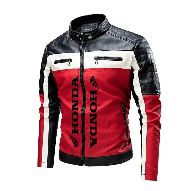 Honda colour-blocked stand-collar PU leather biker jacket, thin casual leather jacket for men, spring and autumn, eBay