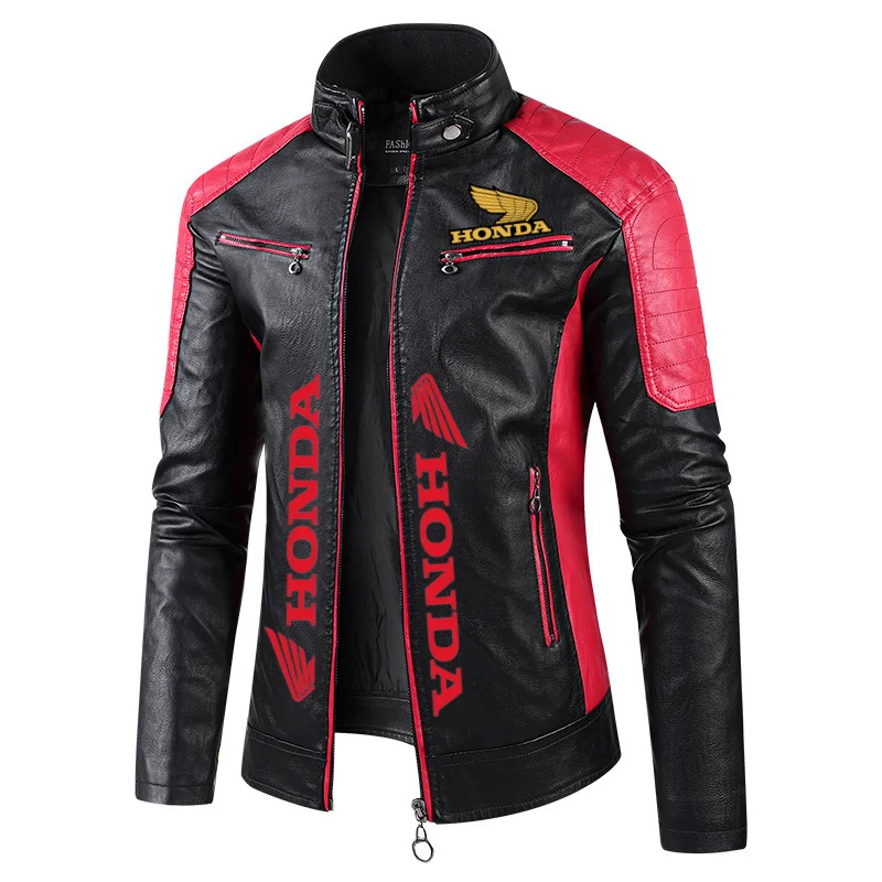 Honda colour-blocked stand-collar PU leather biker jacket, thin casual leather jacket for men, spring and autumn, eBay
