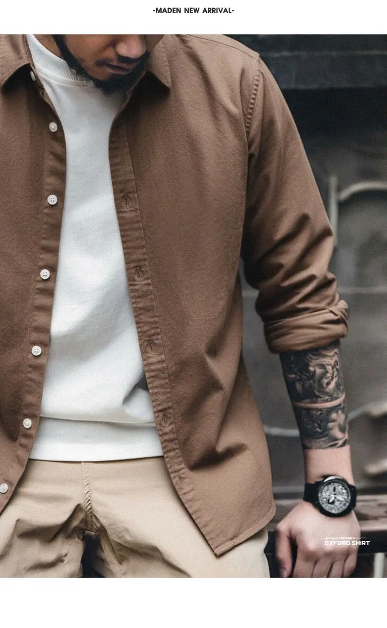 Maden Men's Casual Long Sleeve Shirt Autumn Thin Lightweight Cotton Brushed Fabric Jacket Outerwear Comfortable Everyday Wear