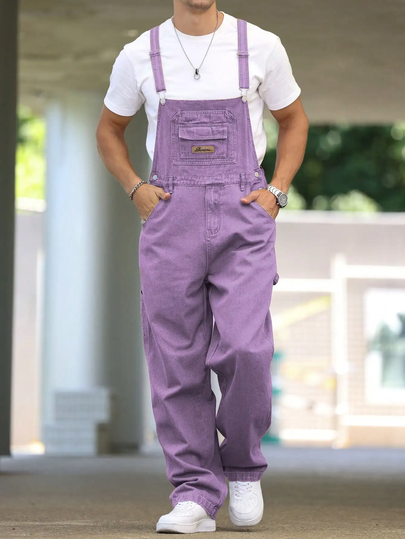 Men's Four - Season Purple Loose Denim Overalls, Daily Casual Street Trend Suspender Pants