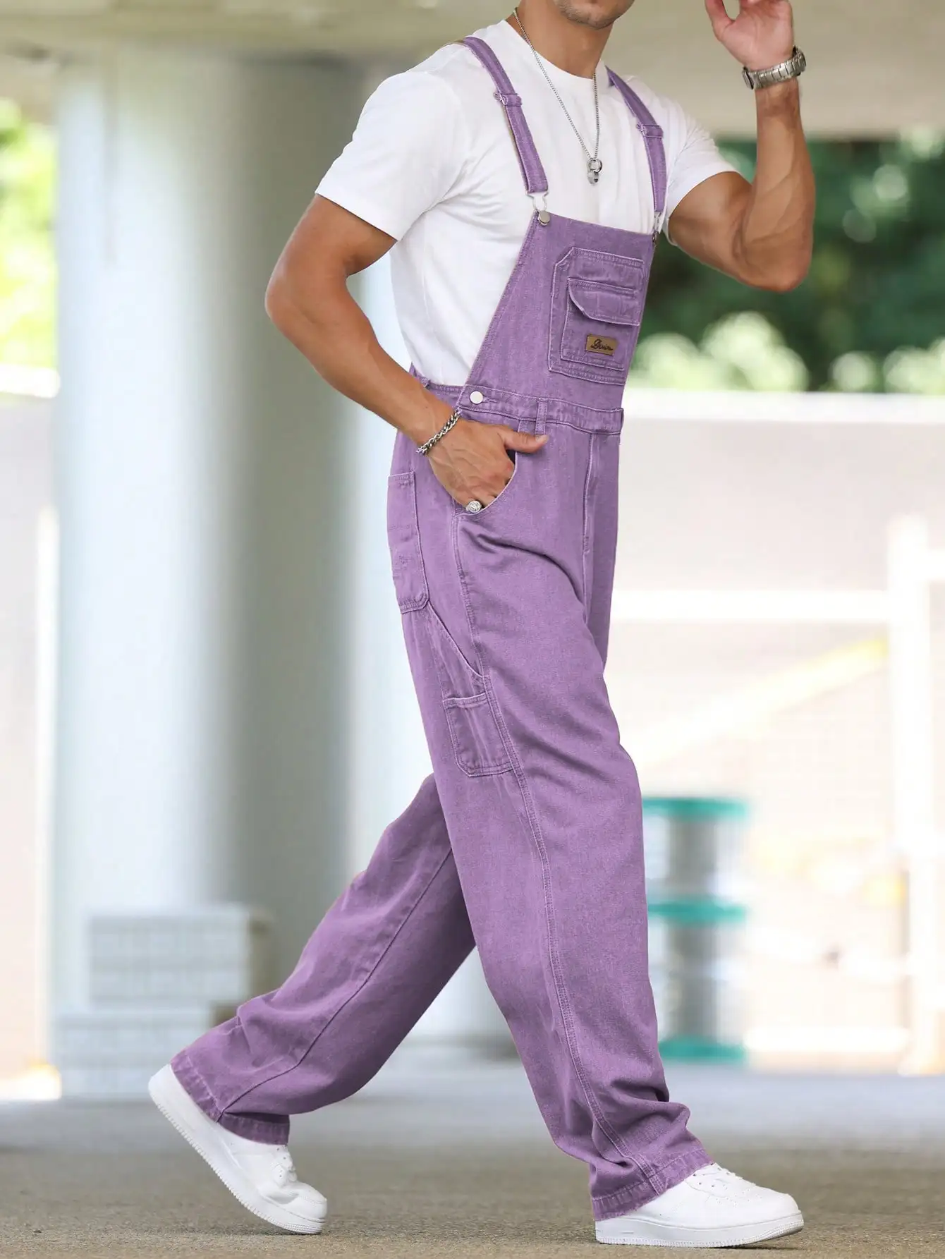 Men's Four - Season Purple Loose Denim Overalls, Daily Casual Street Trend Suspender Pants