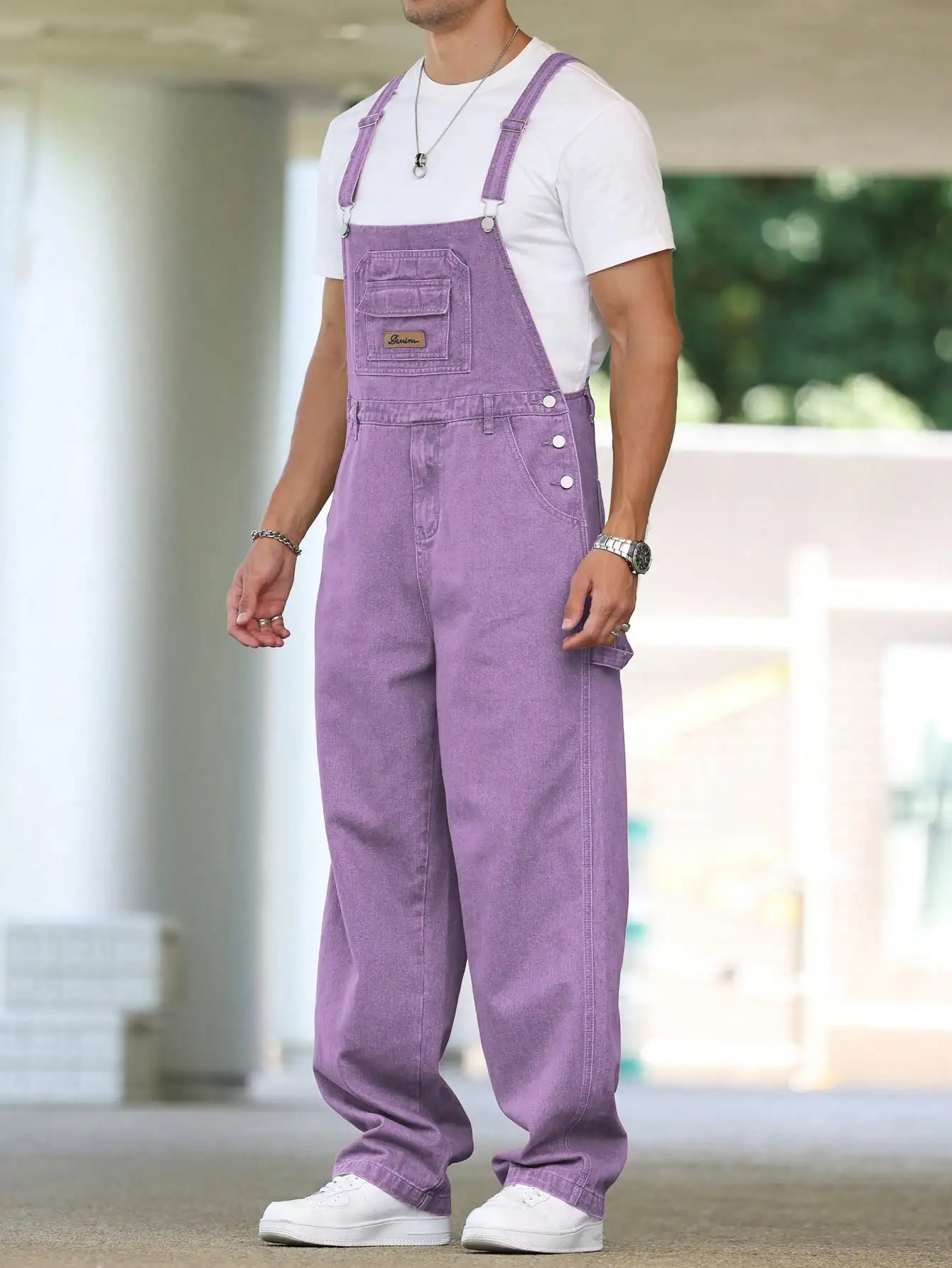 Men's Four - Season Purple Loose Denim Overalls, Daily Casual Street Trend Suspender Pants