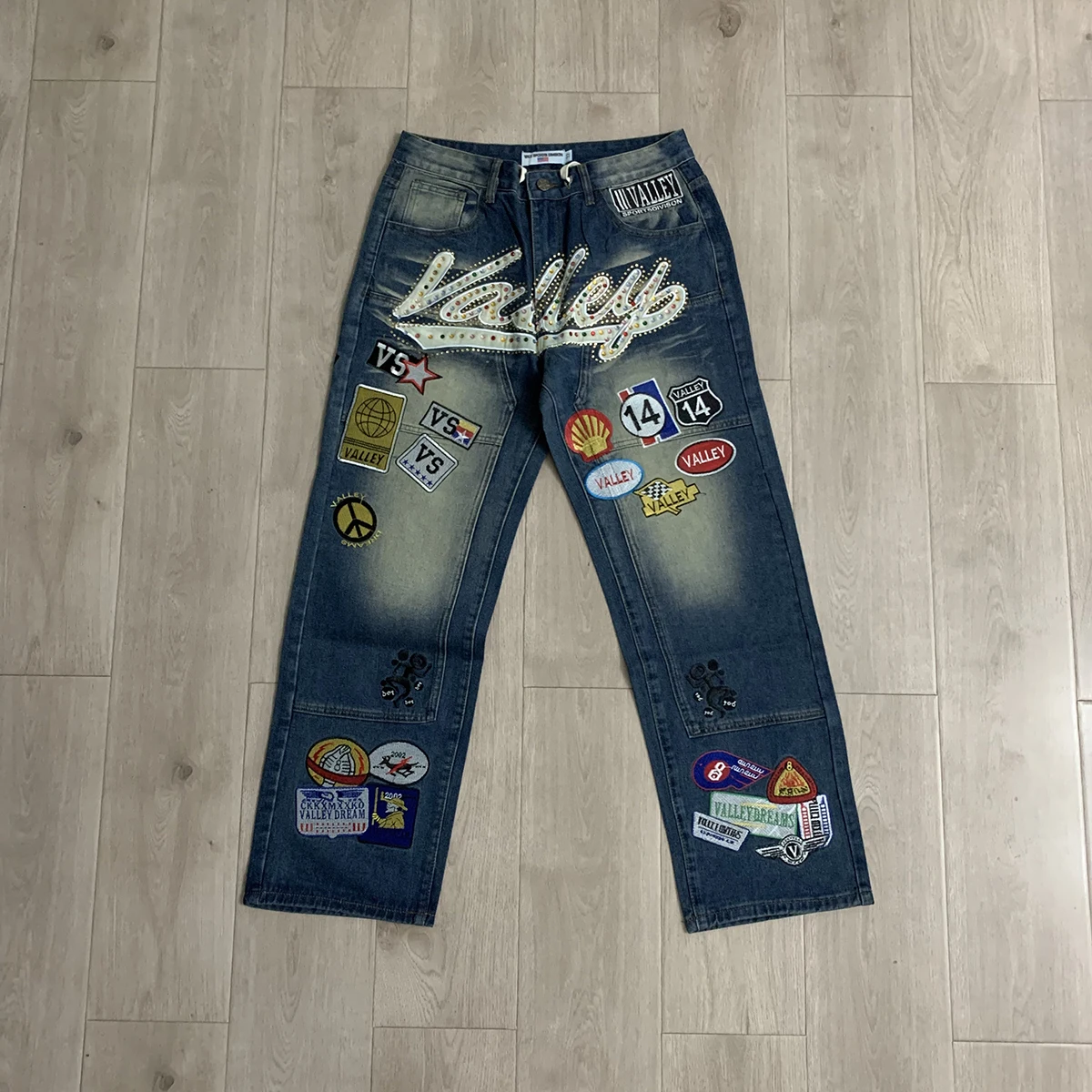 Shinning Diamond Letter Embroidery Badge Baggy Jeans for Men Vintage Straight Loose Casual Denim Trousers Oversized
