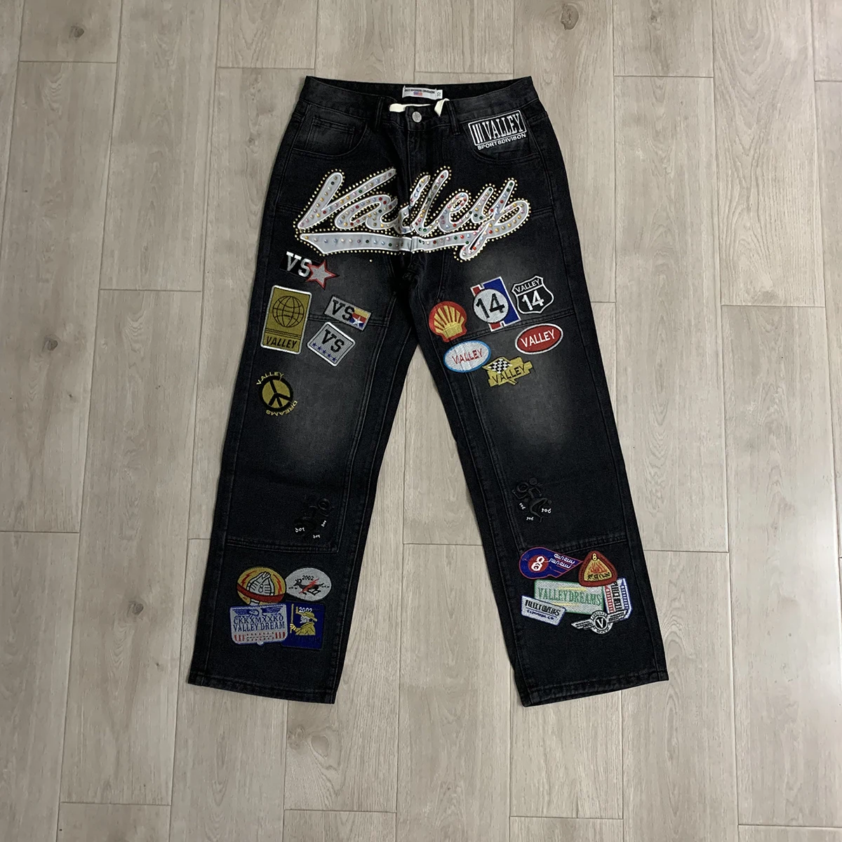 Shinning Diamond Letter Embroidery Badge Baggy Jeans for Men Vintage Straight Loose Casual Denim Trousers Oversized