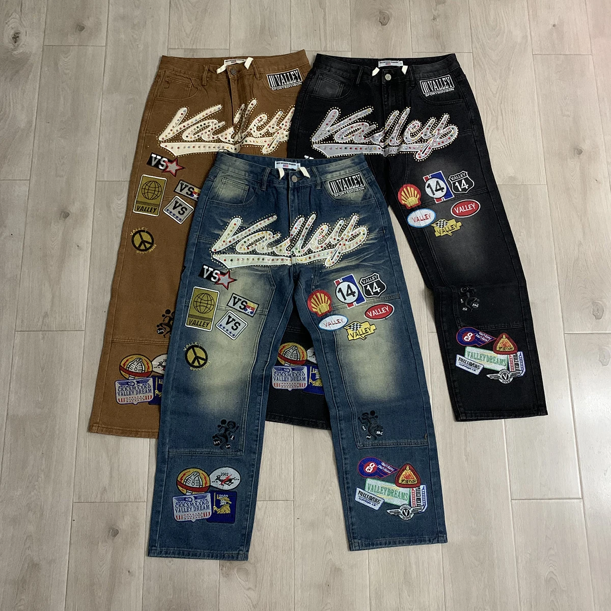 Shinning Diamond Letter Embroidery Badge Baggy Jeans for Men Vintage Straight Loose Casual Denim Trousers Oversized
