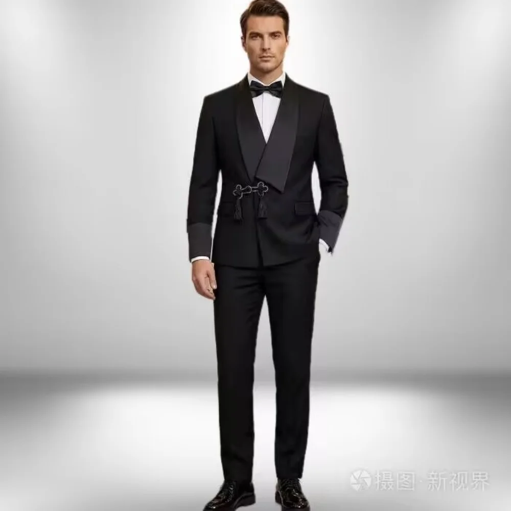 Modern Men's Slim Fit Tuxedo Suit with Tassel Shawl Collar High Quality Groom's Wedding Outfit Jacket And Pants Two-Piece Set