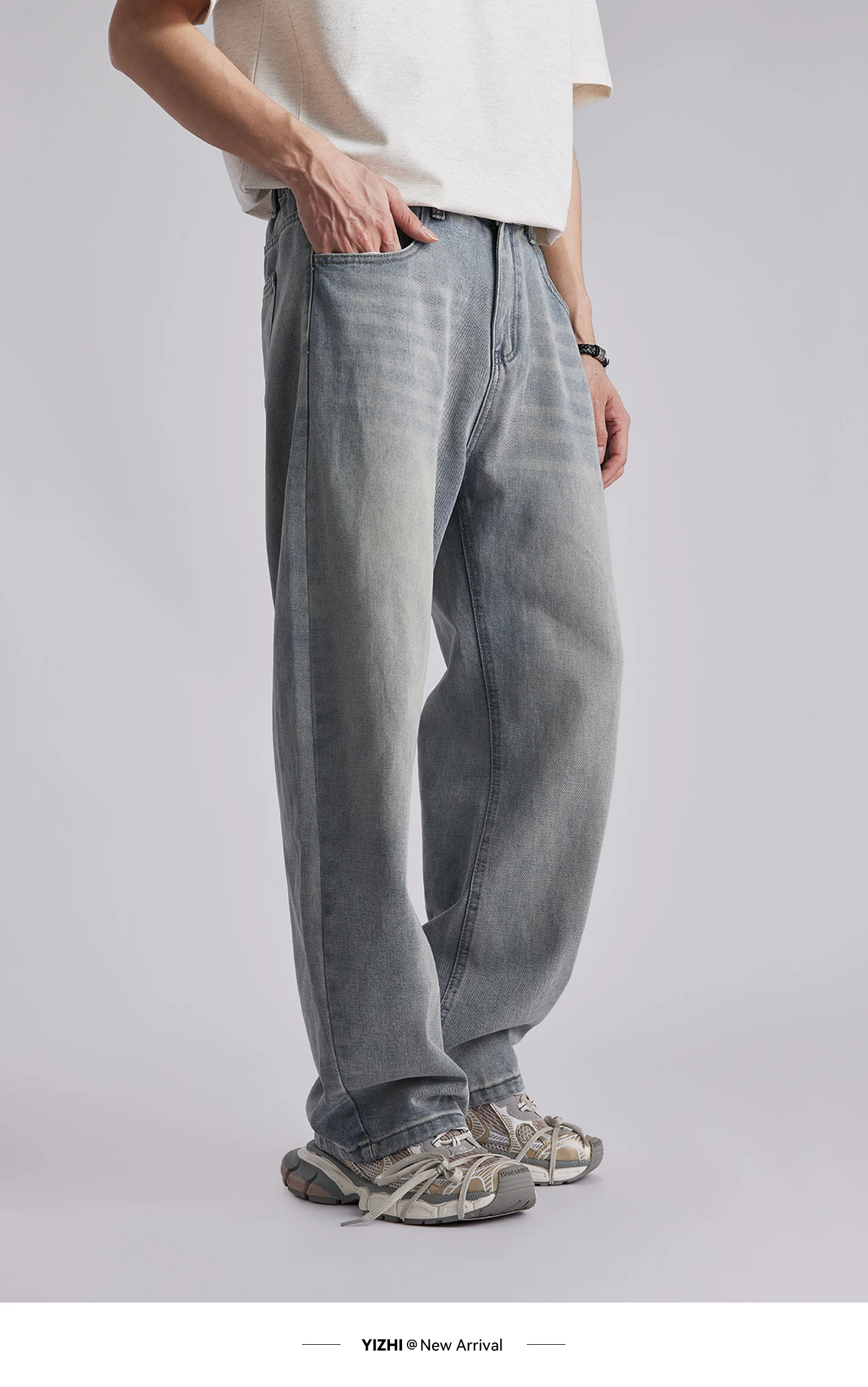 Men's Korean Style Draped Wide Leg Jeans 2026 Summer Elastic Waist Loose Curved Pants Streetwear Commuter Casual Long Trousers