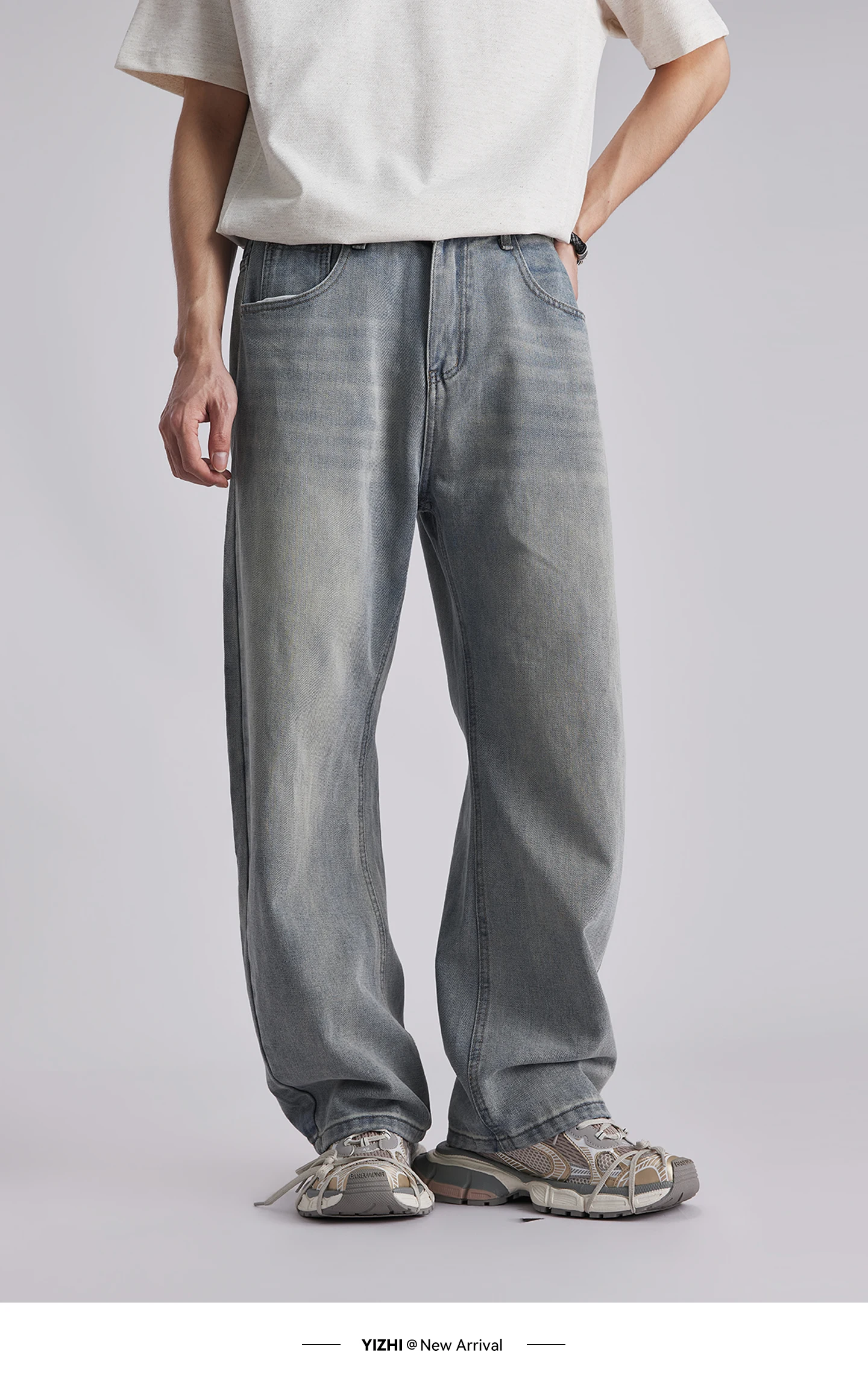 Men's Korean Style Draped Wide Leg Jeans 2026 Summer Elastic Waist Loose Curved Pants Streetwear Commuter Casual Long Trousers