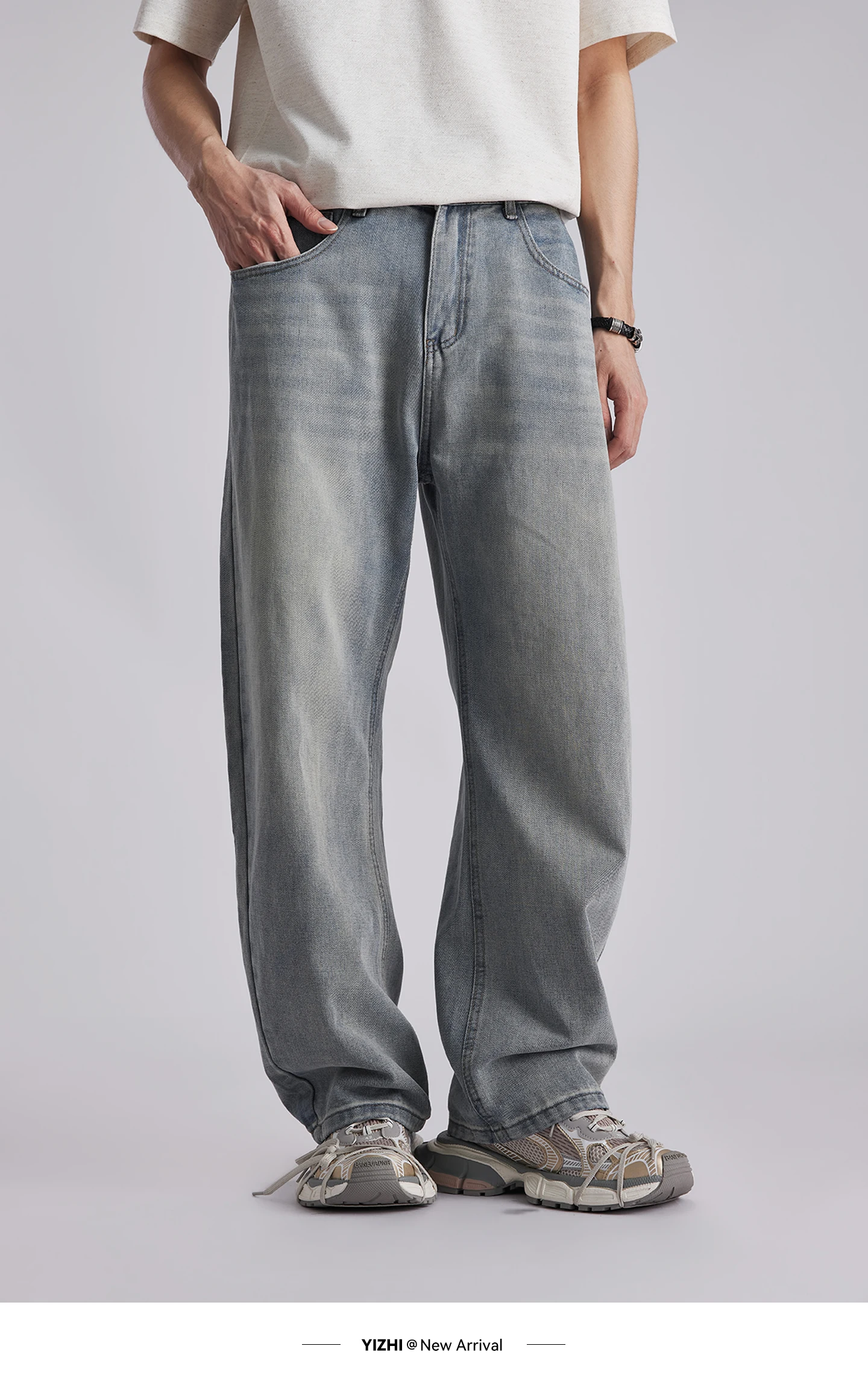 Men's Korean Style Draped Wide Leg Jeans 2026 Summer Elastic Waist Loose Curved Pants Streetwear Commuter Casual Long Trousers
