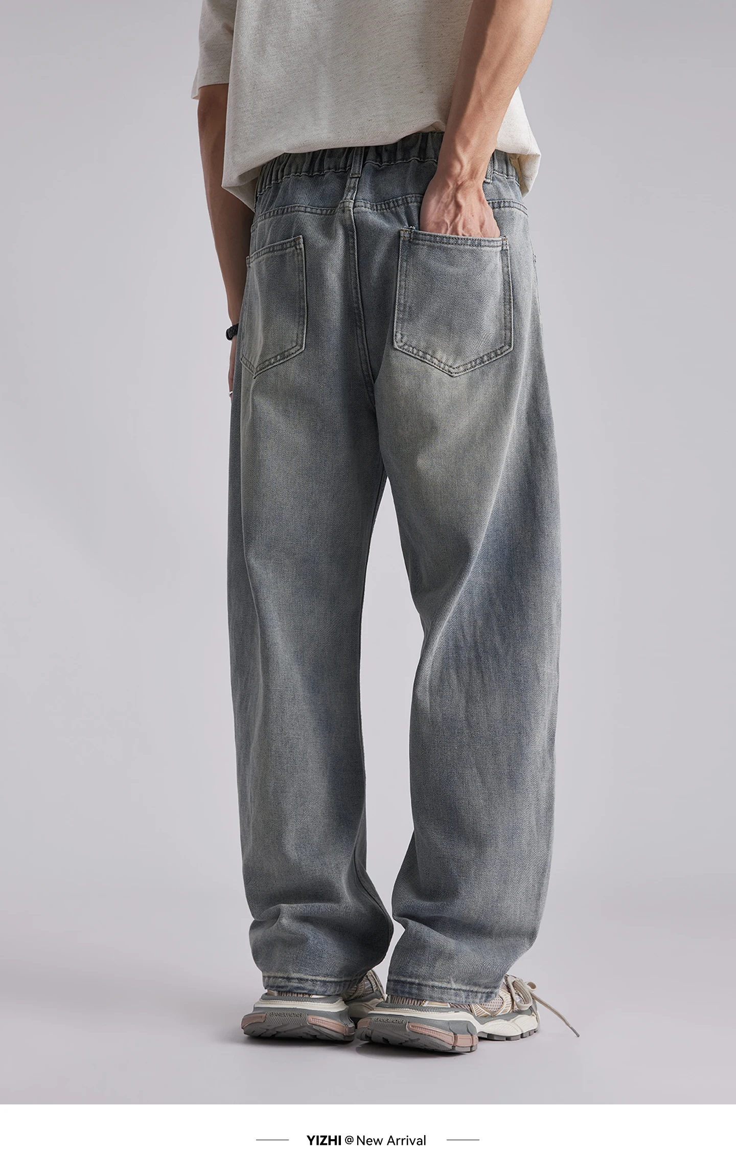 Men's Korean Style Draped Wide Leg Jeans 2026 Summer Elastic Waist Loose Curved Pants Streetwear Commuter Casual Long Trousers