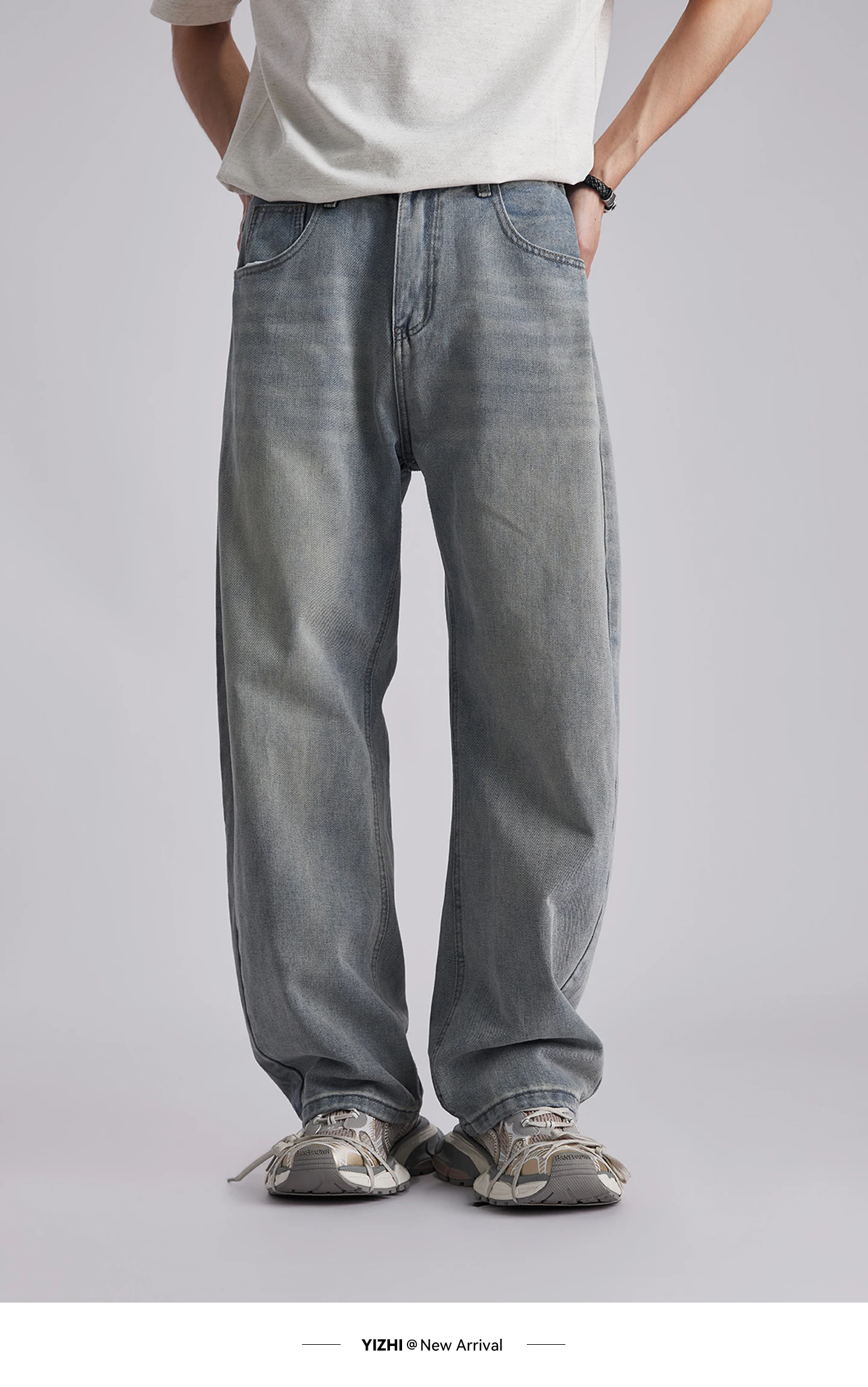 Men's Korean Style Draped Wide Leg Jeans 2026 Summer Elastic Waist Loose Curved Pants Streetwear Commuter Casual Long Trousers