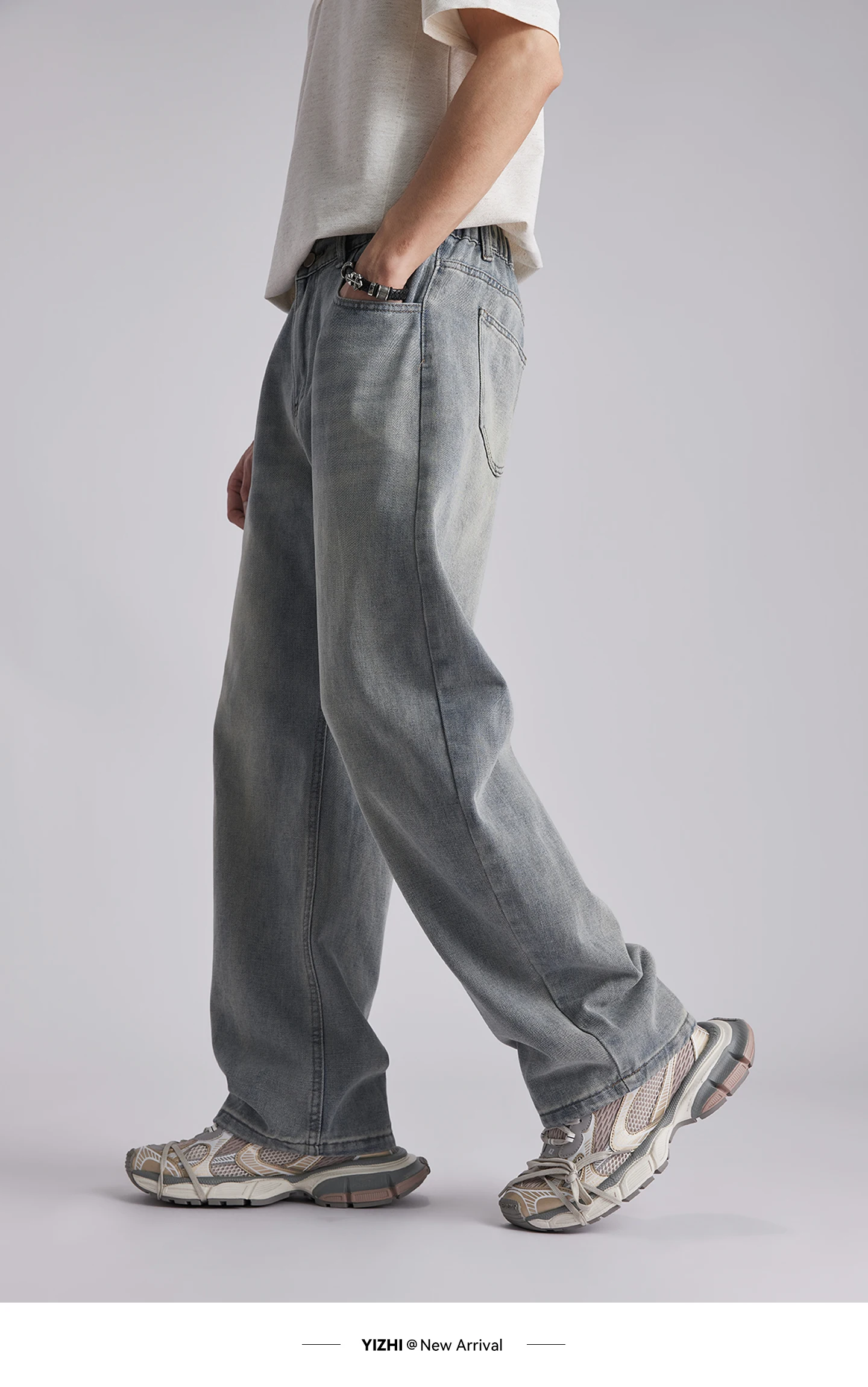 Men's Korean Style Draped Wide Leg Jeans 2026 Summer Elastic Waist Loose Curved Pants Streetwear Commuter Casual Long Trousers