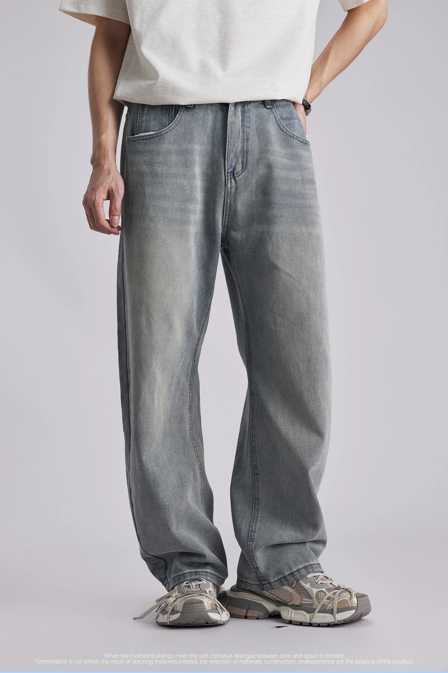 Men's Korean Style Draped Wide Leg Jeans 2026 Summer Elastic Waist Loose Curved Pants Streetwear Commuter Casual Long Trousers