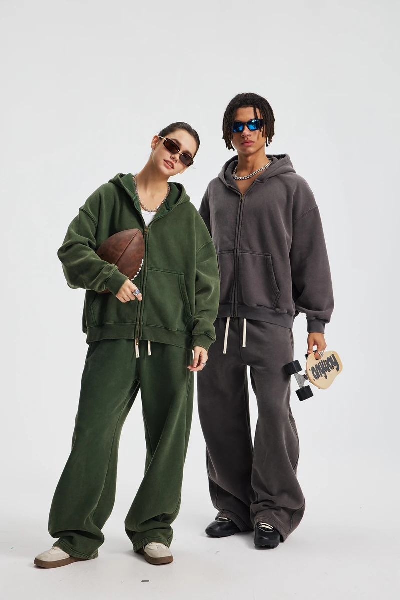 New Autumn and Winter Cashmere Zip Up Jacket Streetwear Casual Oversized Acid Washed Wax Printed Hooded Fleece Zipper Hoodie