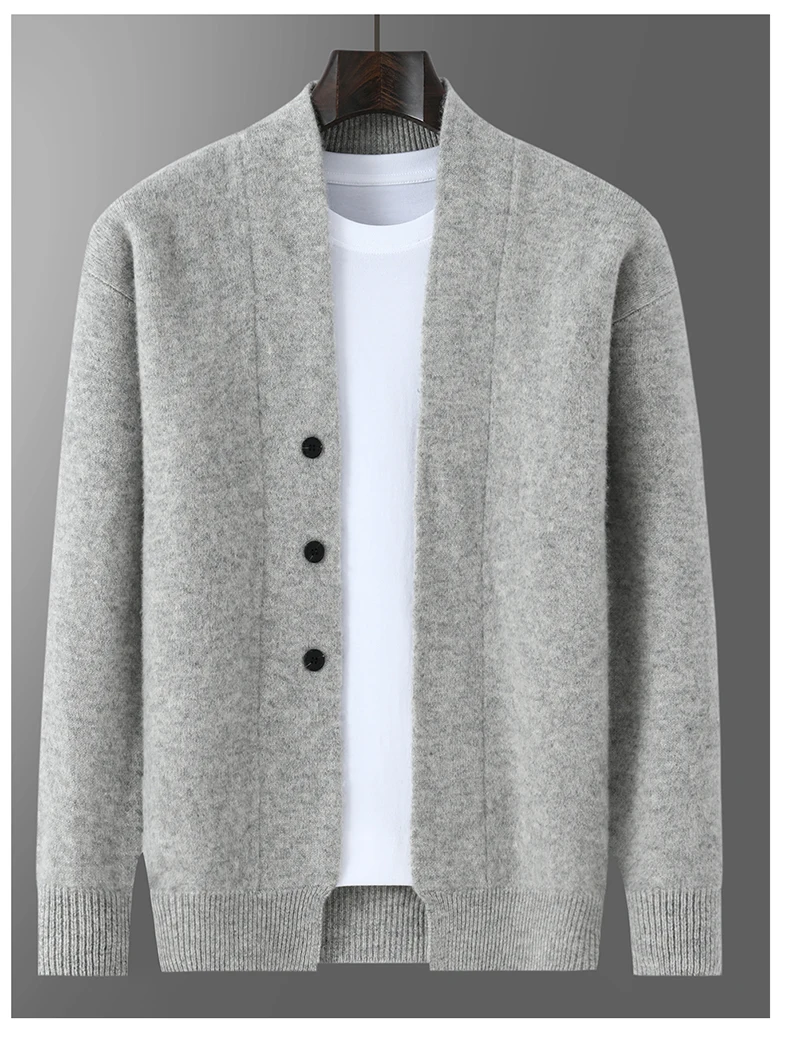 2025 Autumn Winter New Thick Cardigan 100% Pure Wool Men's Versatile Jacket V-Neck Loose Casual Highend Knitted Cashmere Sweater