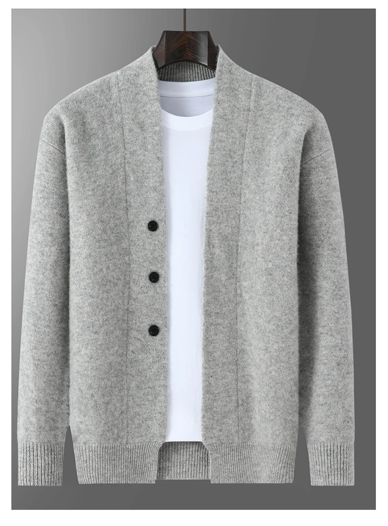 2025 Autumn Winter New Thick Cardigan 100% Pure Wool Men's Versatile Jacket V-Neck Loose Casual Highend Knitted Cashmere Sweater