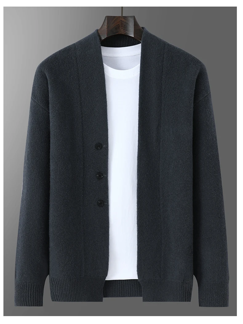 2025 Autumn Winter New Thick Cardigan 100% Pure Wool Men's Versatile Jacket V-Neck Loose Casual Highend Knitted Cashmere Sweater