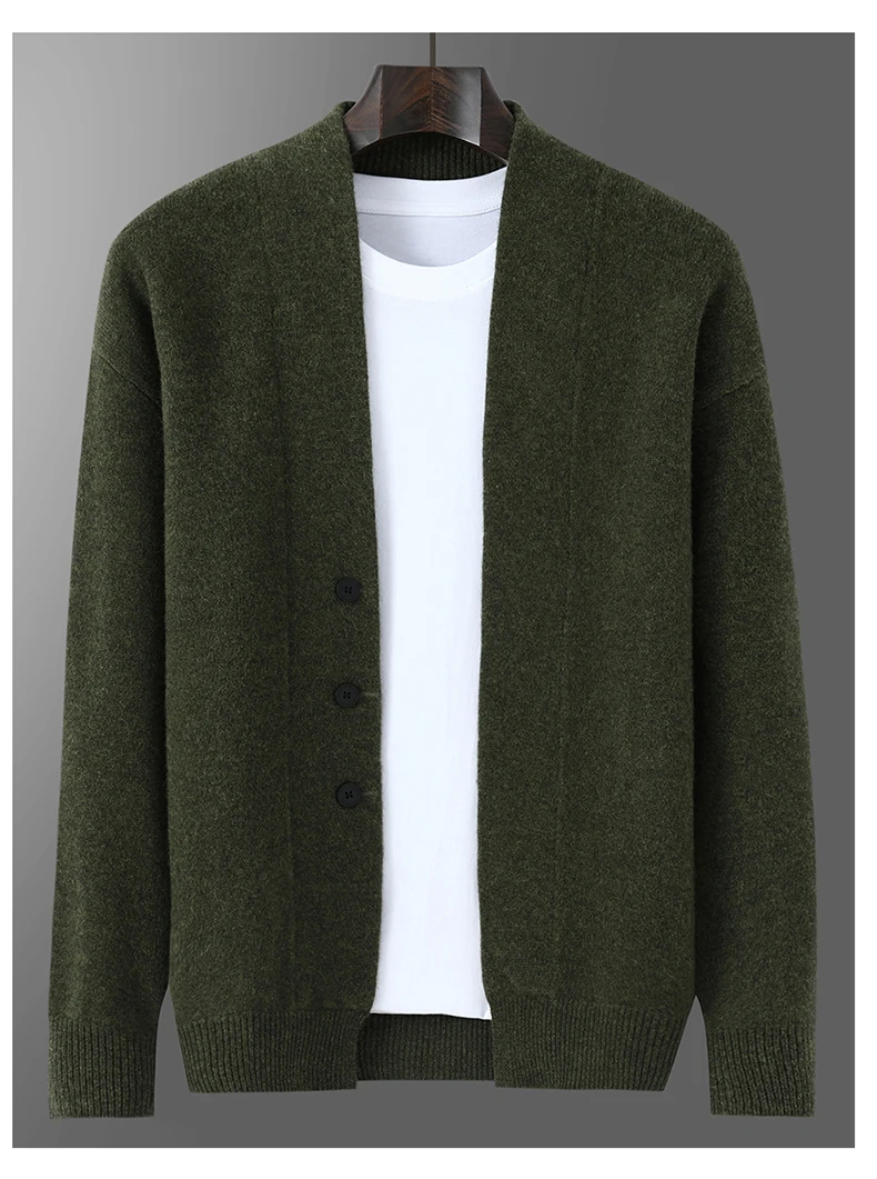 2025 Autumn Winter New Thick Cardigan 100% Pure Wool Men's Versatile Jacket V-Neck Loose Casual Highend Knitted Cashmere Sweater