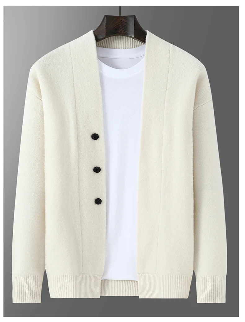 2025 Autumn Winter New Thick Cardigan 100% Pure Wool Men's Versatile Jacket V-Neck Loose Casual Highend Knitted Cashmere Sweater