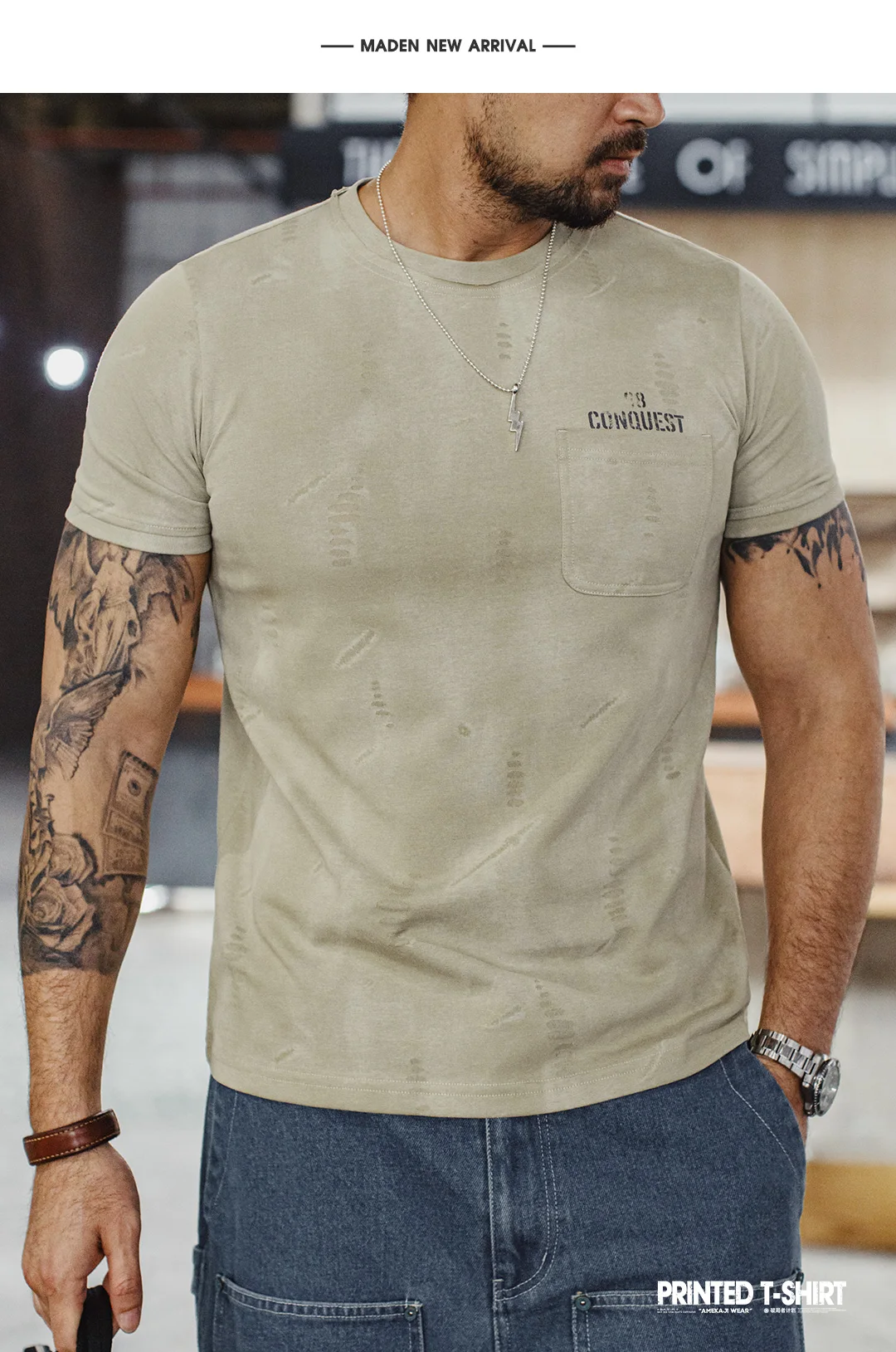 Maden Men's Workwear T-Shirt Square Pocket Letter Print Crew Neck Casual Short Sleeve Summer Lightweight Streetwear Top