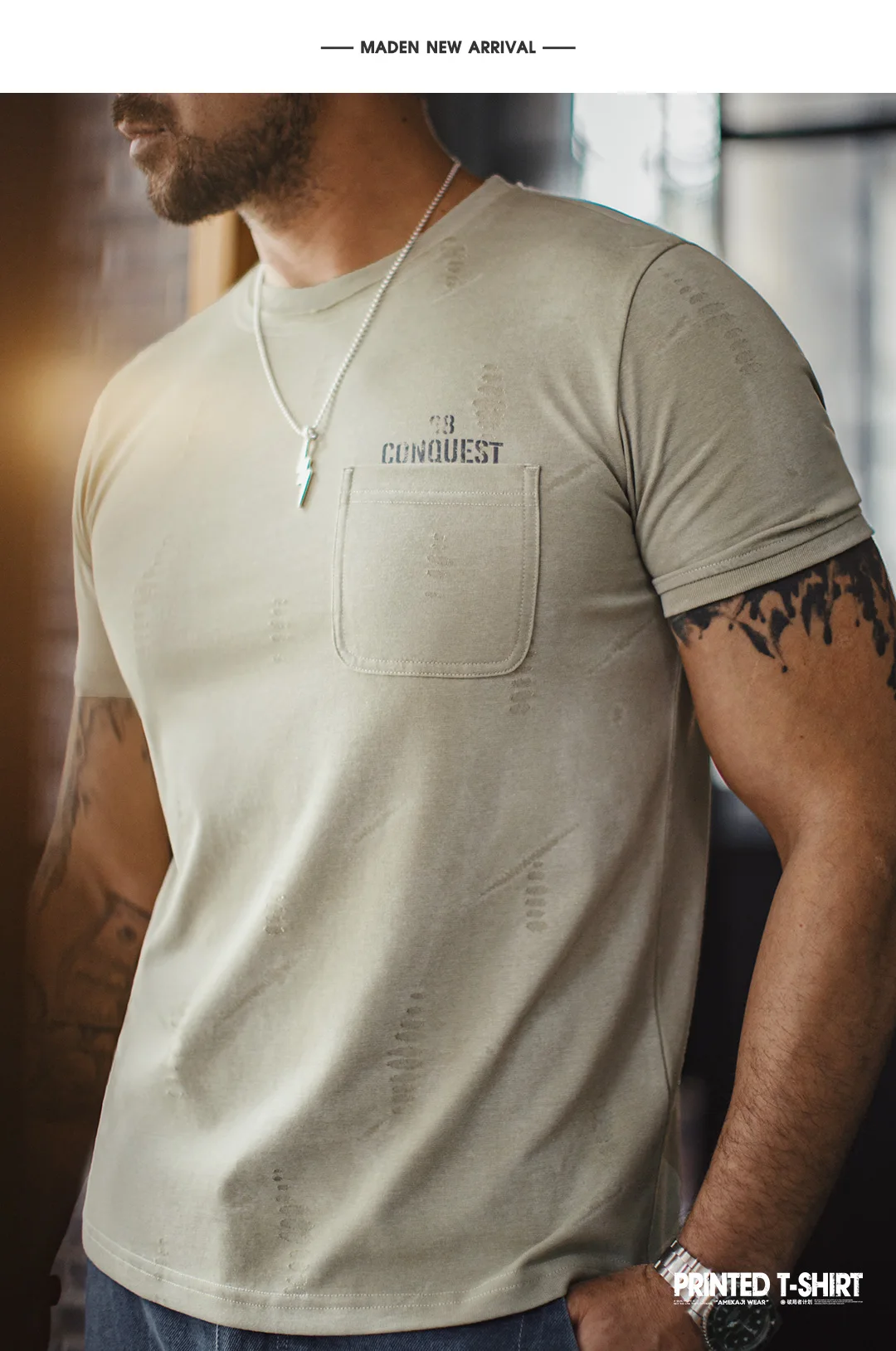 Maden Men's Workwear T-Shirt Square Pocket Letter Print Crew Neck Casual Short Sleeve Summer Lightweight Streetwear Top