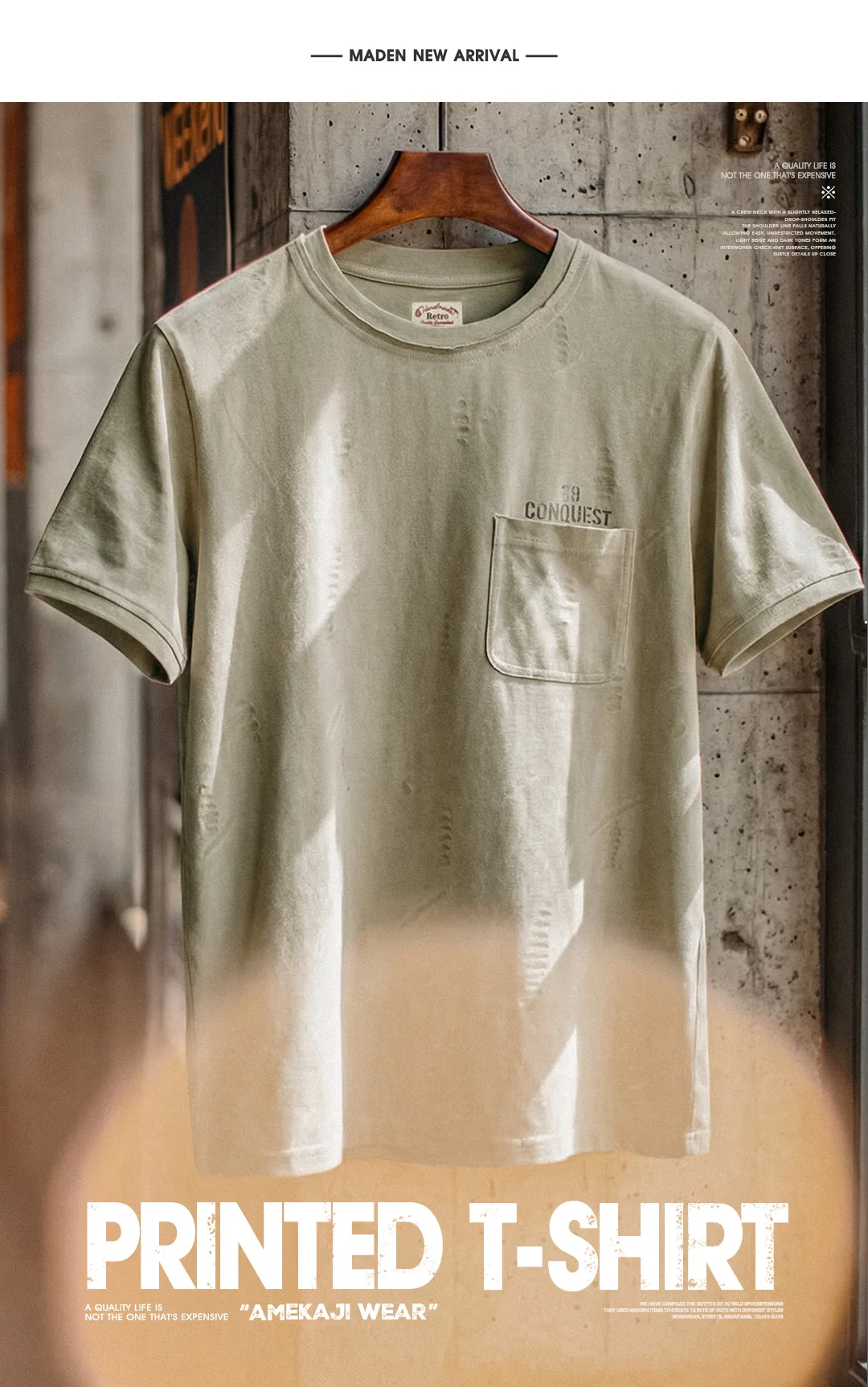 Maden Men's Workwear T-Shirt Square Pocket Letter Print Crew Neck Casual Short Sleeve Summer Lightweight Streetwear Top