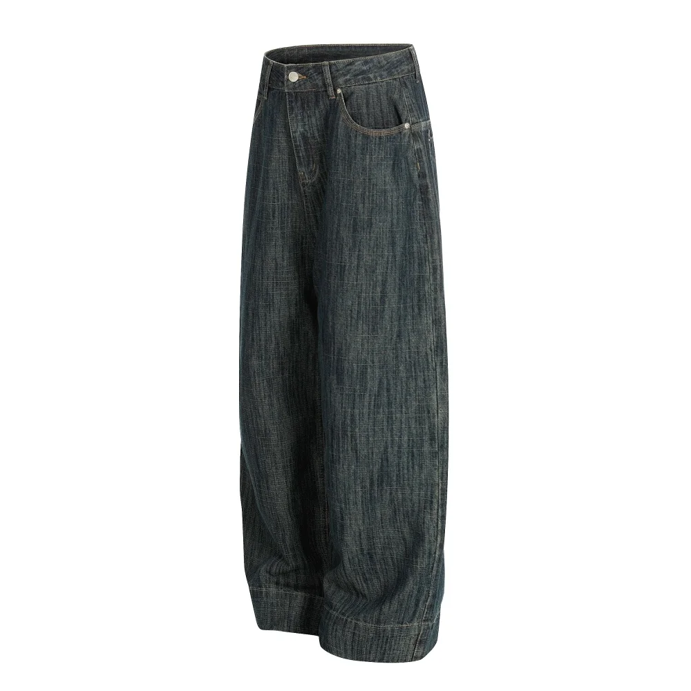 Pocket Spliced Jeans Mens Retro Washed Distressed Casual Straight Baggy Wide Leg Denim Pants Man