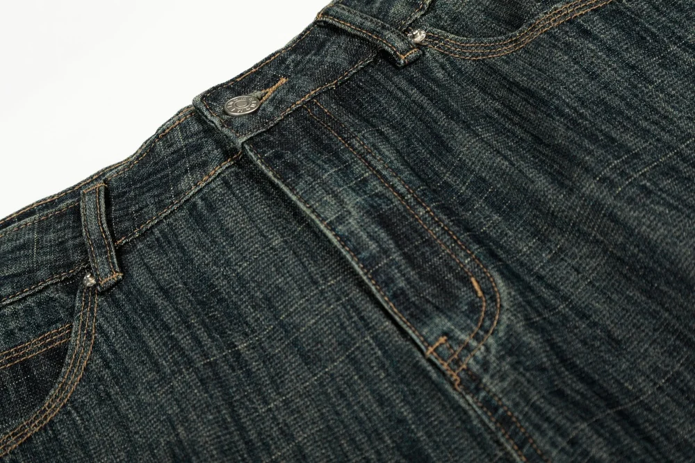 Pocket Spliced Jeans Mens Retro Washed Distressed Casual Straight Baggy Wide Leg Denim Pants Man
