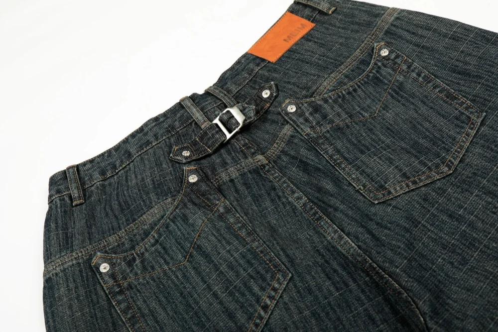 Pocket Spliced Jeans Mens Retro Washed Distressed Casual Straight Baggy Wide Leg Denim Pants Man