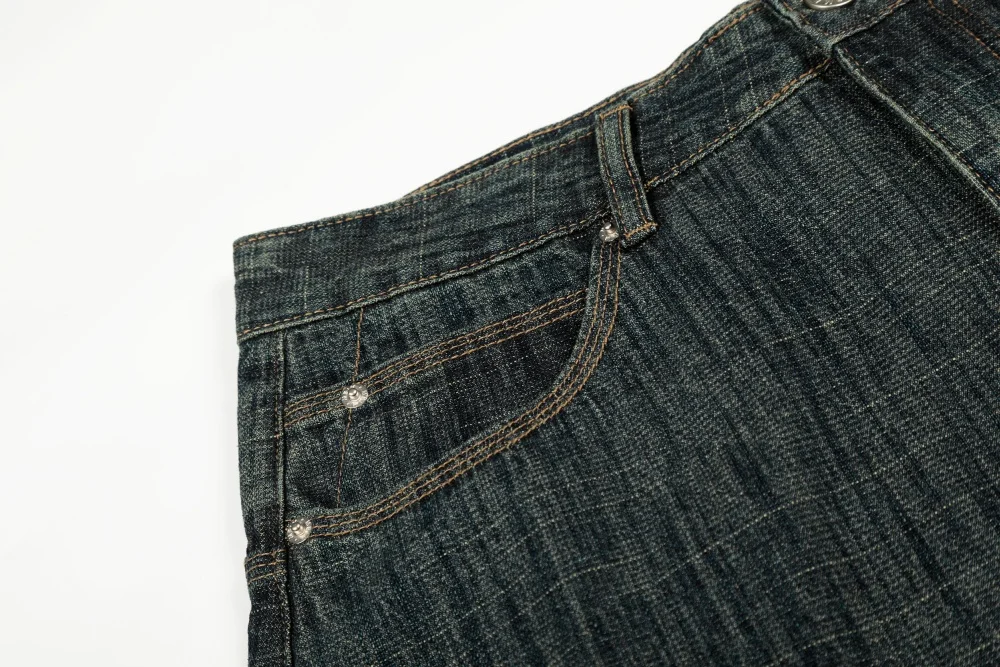Pocket Spliced Jeans Mens Retro Washed Distressed Casual Straight Baggy Wide Leg Denim Pants Man