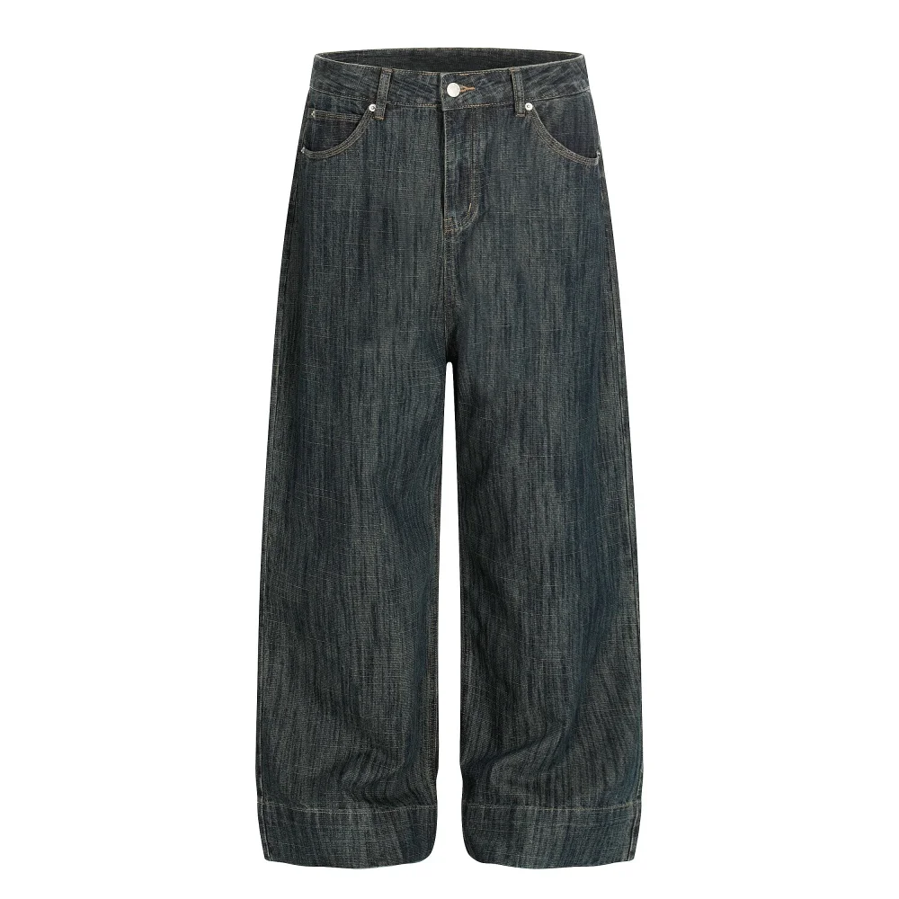 Pocket Spliced Jeans Mens Retro Washed Distressed Casual Straight Baggy Wide Leg Denim Pants Man