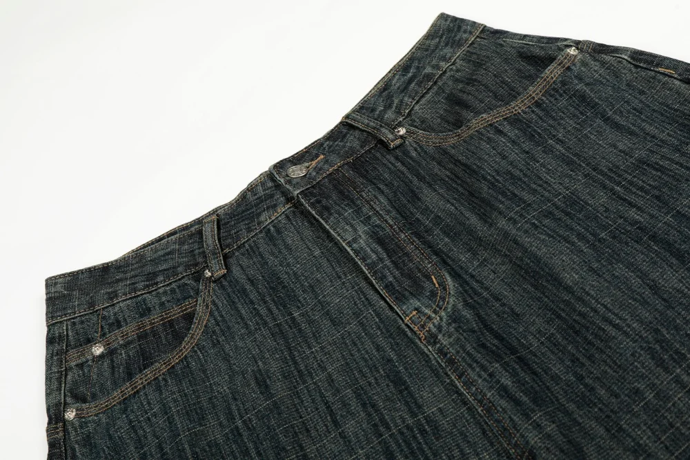Pocket Spliced Jeans Mens Retro Washed Distressed Casual Straight Baggy Wide Leg Denim Pants Man
