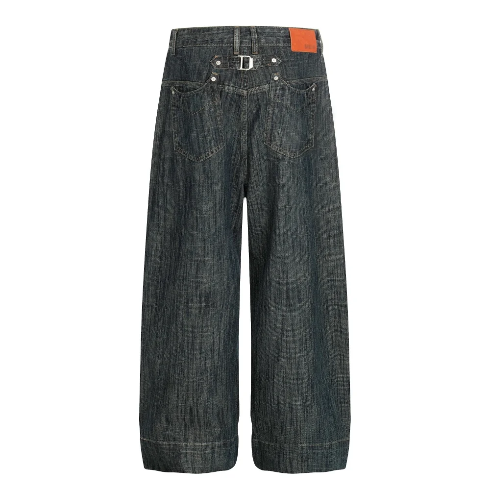 Pocket Spliced Jeans Mens Retro Washed Distressed Casual Straight Baggy Wide Leg Denim Pants Man