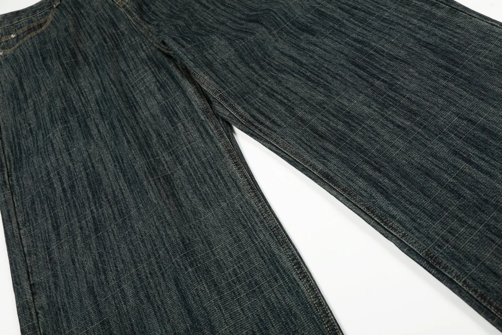 Pocket Spliced Jeans Mens Retro Washed Distressed Casual Straight Baggy Wide Leg Denim Pants Man