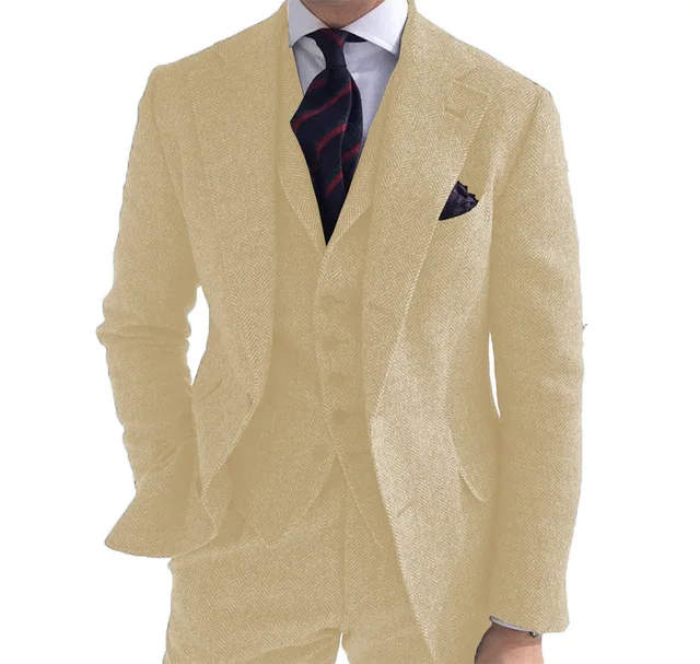 Men‘s Suits 3 Pieces Green Wool Tweed Herringbone Business Retro Classic PatternTuxedos For Wedding Blazer Pants Vest