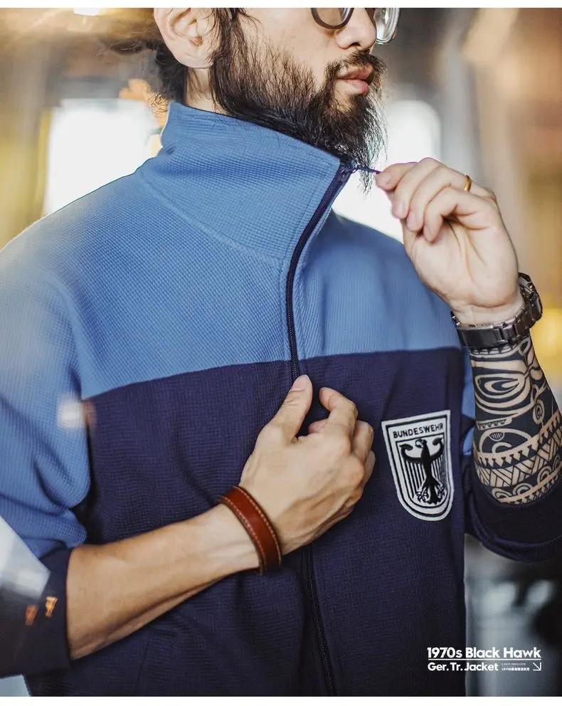 Maden Men's Vintage Contrast Navy Blue Jacket Waffle Knit Training Jacket Breathable Stand Collar Outwear for Spring Fall