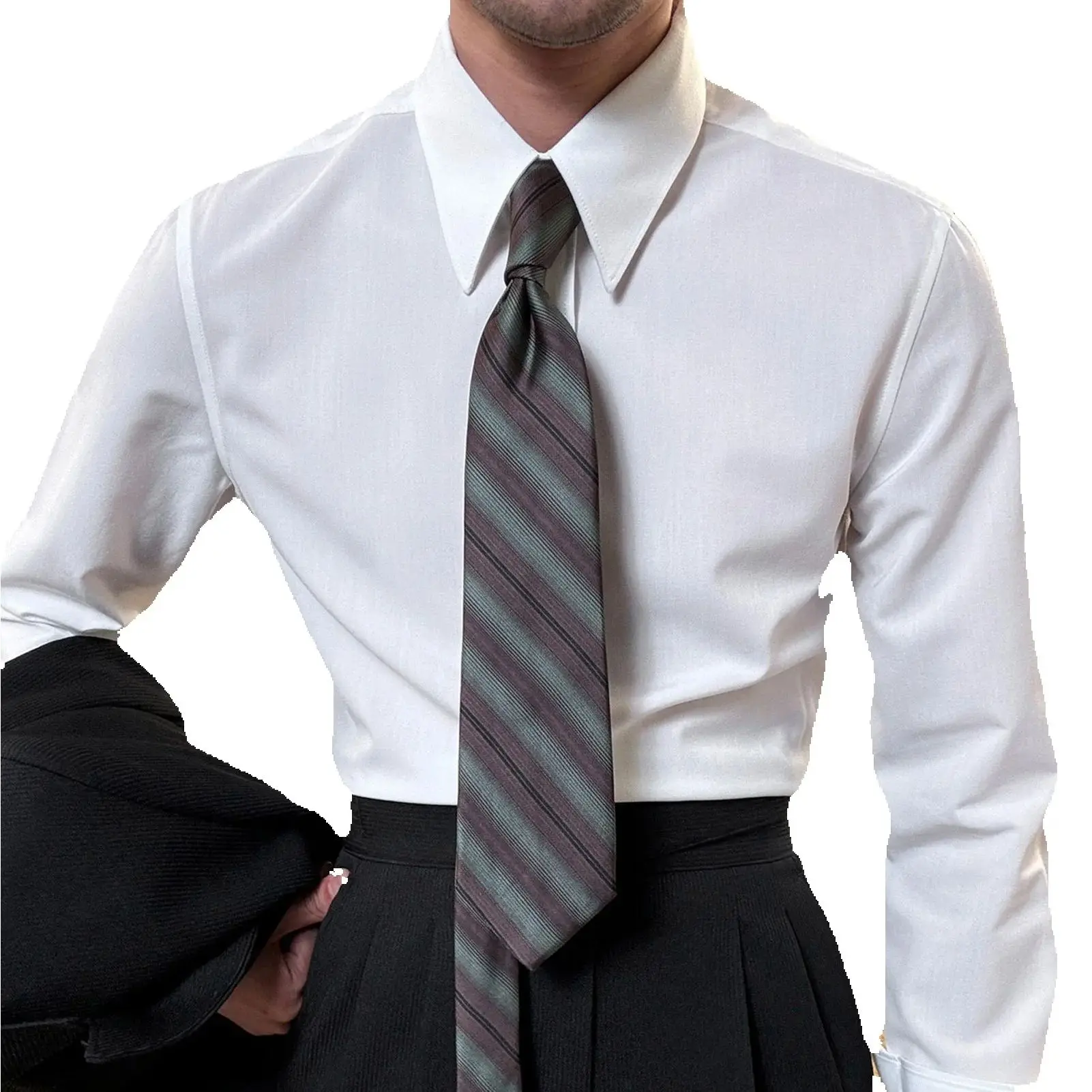 Men's French Style Long Point Collar Formal Dress Shirt, White Cotton Wrinkle-Resistant Business Shirt with French Cuffs, Idea