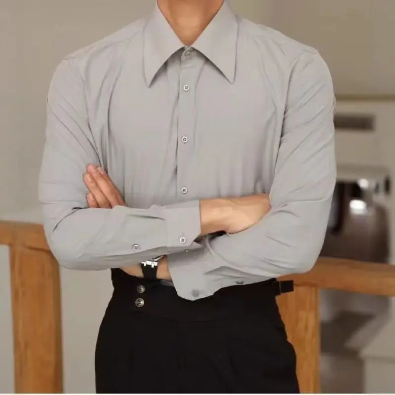 Men's French Style Long Point Collar Formal Dress Shirt, White Cotton Wrinkle-Resistant Business Shirt with French Cuffs, Idea